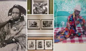 Ritratti di persone in Sudafrica, tra cui una donna anziana con gioielli elaborati e una figura colorata con un cappello da cowboy.