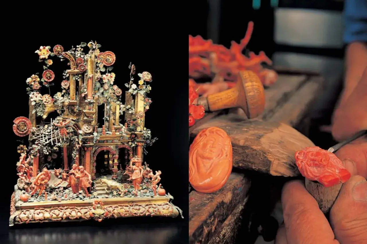 Un presepe barocco e un artigiano che scolpisce il corallo di Trapani, un'arte preziosa.