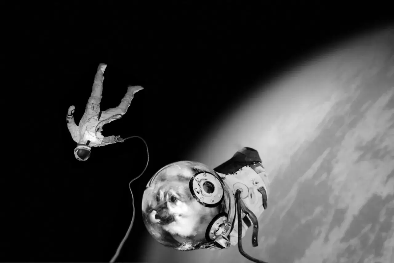 Un astronauta fluttua nello spazio, collegato a una strana capsula con un volto canino riflesso. Un'opera di Joan Fontcuberta che sfida la realtà.