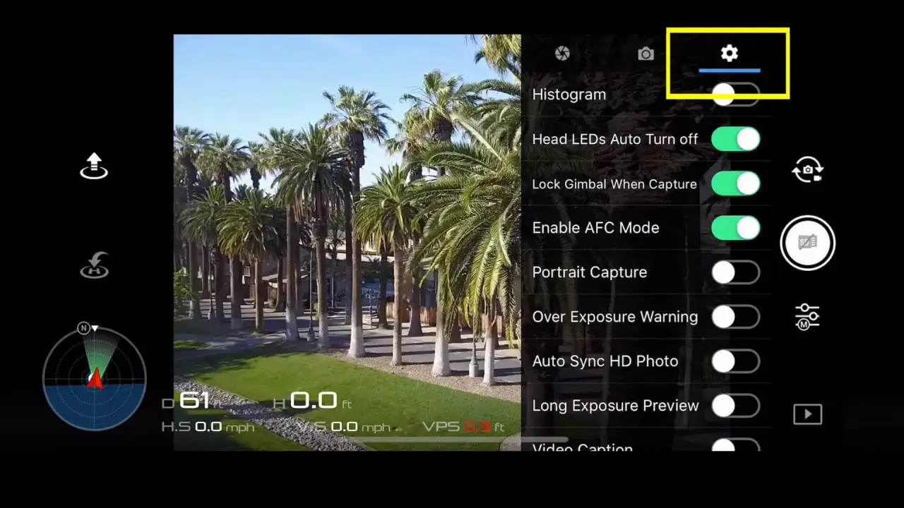 Impostazioni per riprese con droni: attivazione LED, blocco gimbal, modalità AFC e anteprima esposizione.