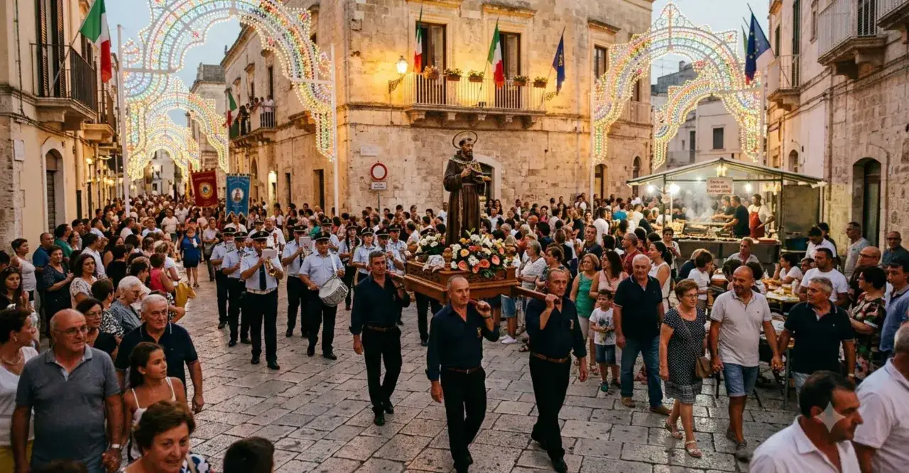 Processione religiosa con statua fiorita, bande musicali e luminarie, un esempio di tradizioni popolari italiane per regione.