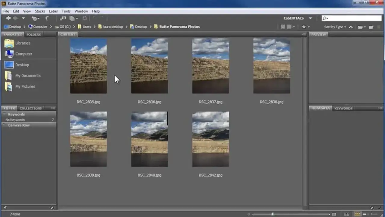 Schermata di Photoshop con immagini di paesaggi montani, pronte per un photomerge.
