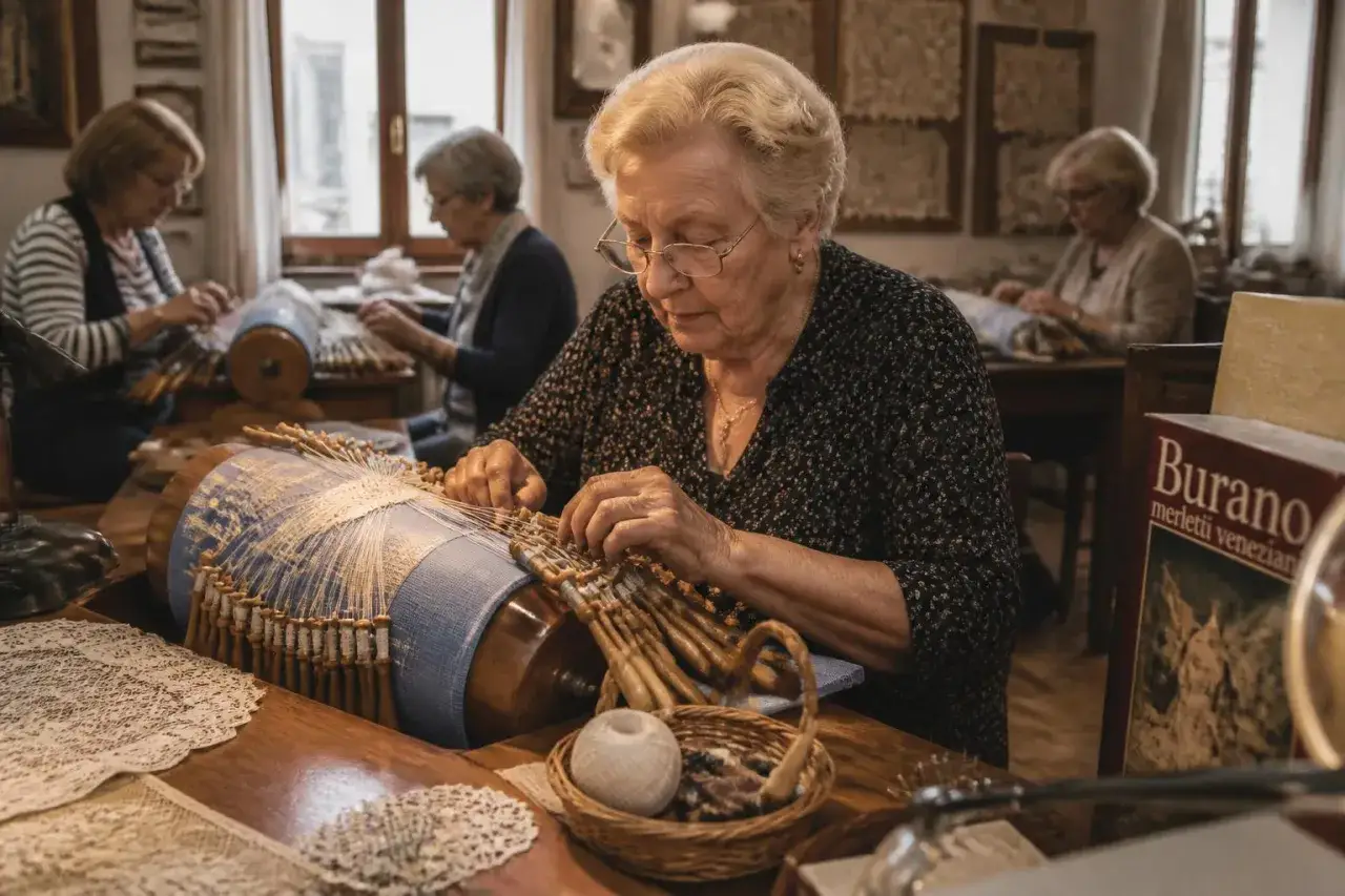 Donne anziane creano merletti e ricami a Burano, tramandando un'antica arte.