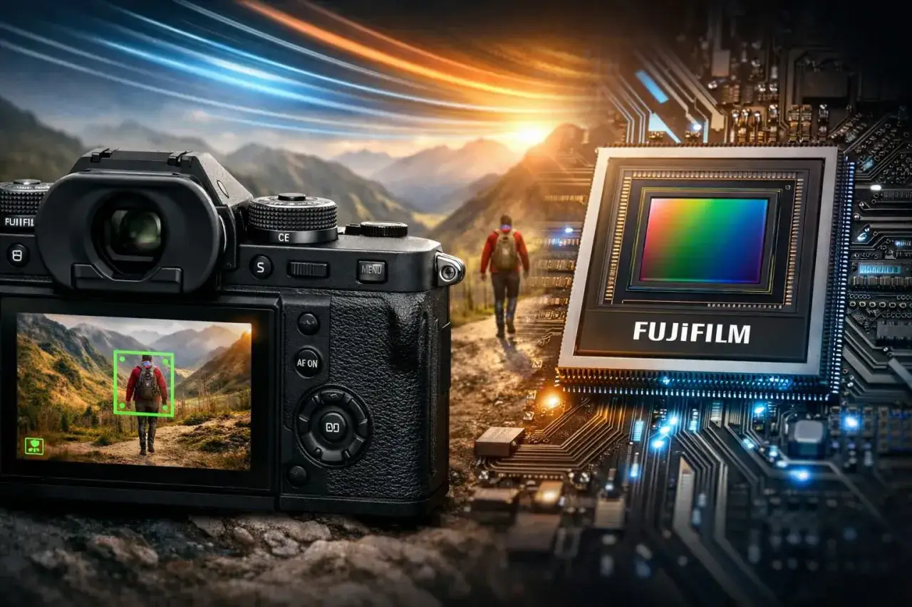 Novit&agrave; Fujifilm: un sensore avanzato cattura l'essenza dell'avventura, con un escursionista che cammina verso un tramonto mozzafiato.