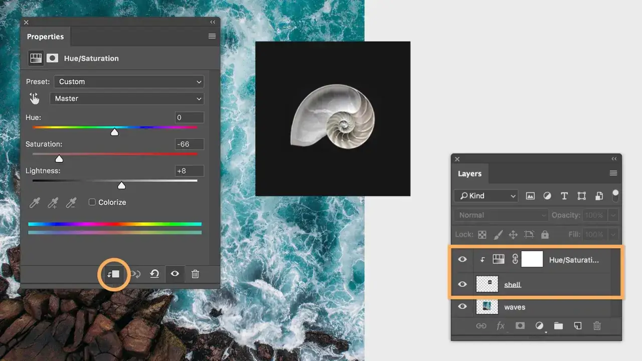 Interfaccia di Photoshop con pannello Livelli e regolazione Hue/Saturation. La maschera di livello &egrave; attiva per la regolazione.