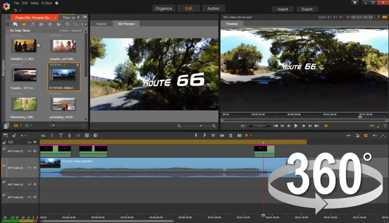 Interfaccia di Insta360 Studio con timeline e anteprima video 360° della Route 66.