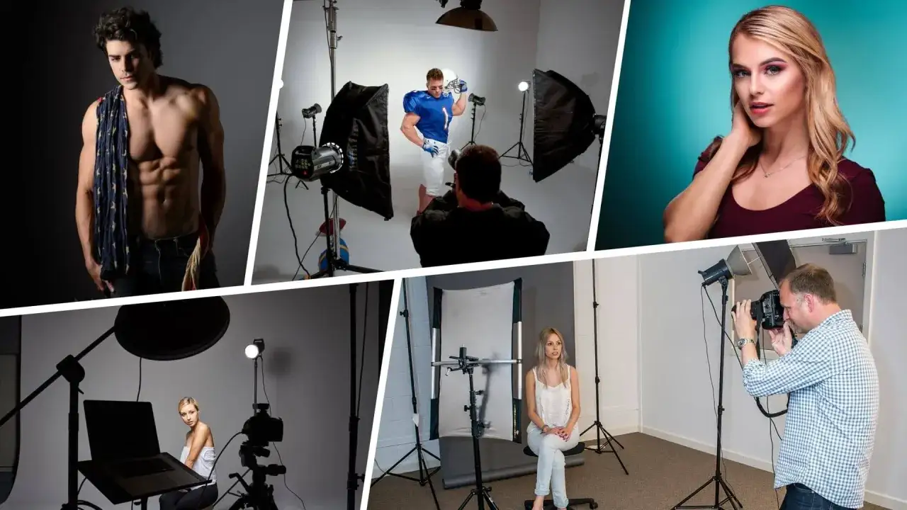 Un uomo muscoloso posa, un giocatore di football americano in studio, una donna bionda su sfondo turchese, una modella seduta e un fotografo al lavoro.