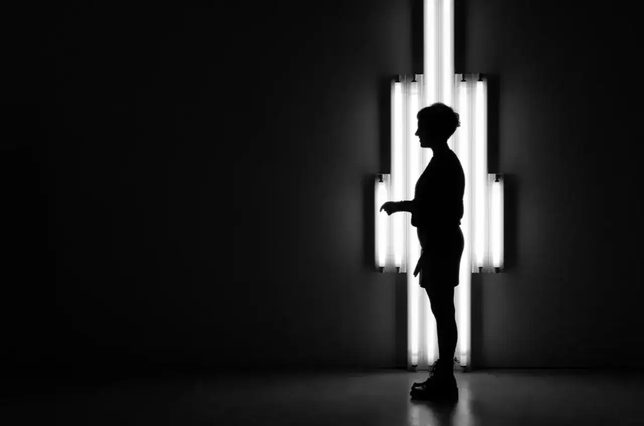 Silhouette di una persona in piedi davanti a luci al neon verticali.