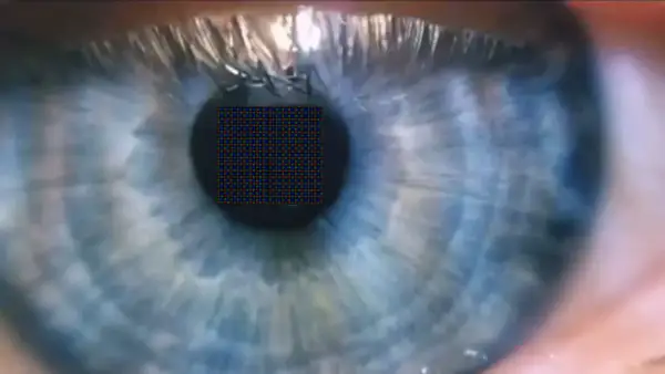 Un occhio umano, con un reticolo di pixel sovrapposto, suggerisce quanti pixel ha l'occhio umano.