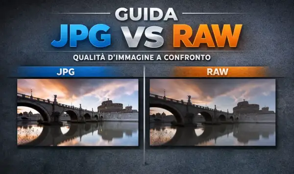Confronto qualità immagine: JPG vs RAW. Due foto di un ponte e Castel Sant'Angelo a Roma, una in formato estensione jpeg, l'altra RAW.